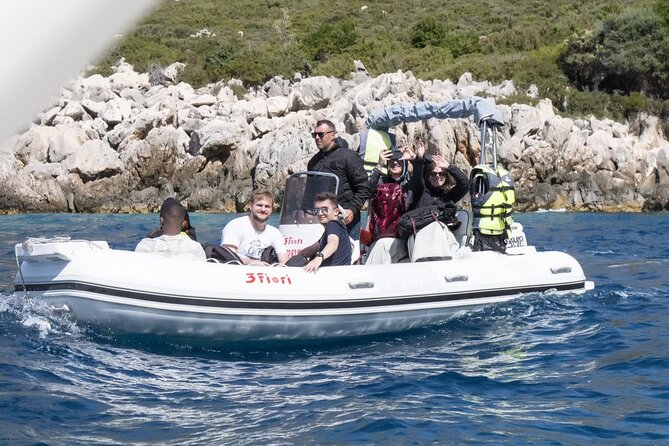 Speed Boat Tour to Vlore's Secret Blue Cave at Grama Bay - Plazhi i Llovizit and the Englishman Bay water break