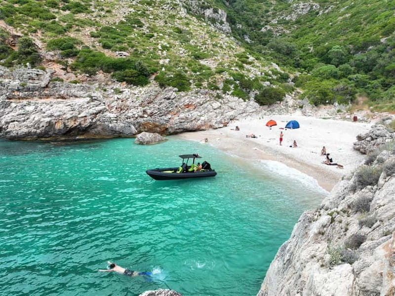 Vlora: Grama Bay and Blue Cave Speedboat Tour Adventure - Dafina Bay and the Grama Bay vibe: swim, snorkel, and cool off
