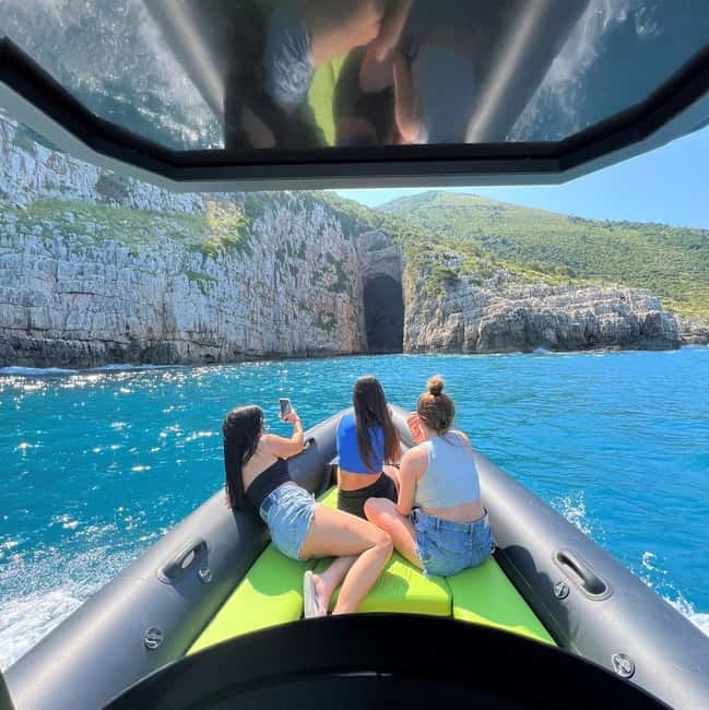 Vlora: Grama Bay and Blue Cave Speedboat Tour Adventure - Haxhi Ali Cave: guided sea cave visit with surreal blue water